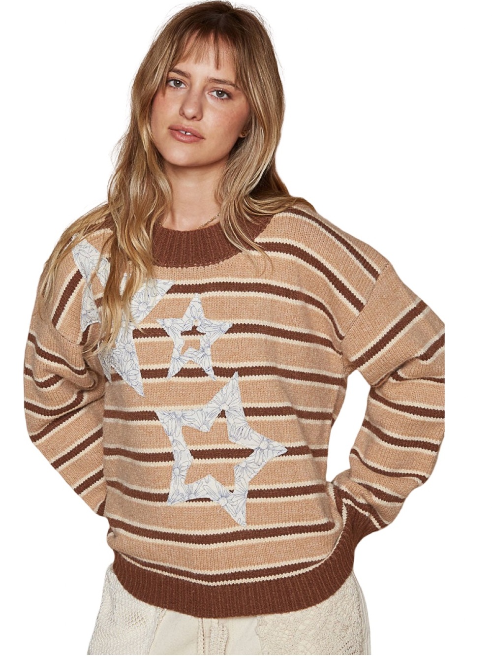 POL Star Patch Stripe Round Neck Sweater brown stripe Large